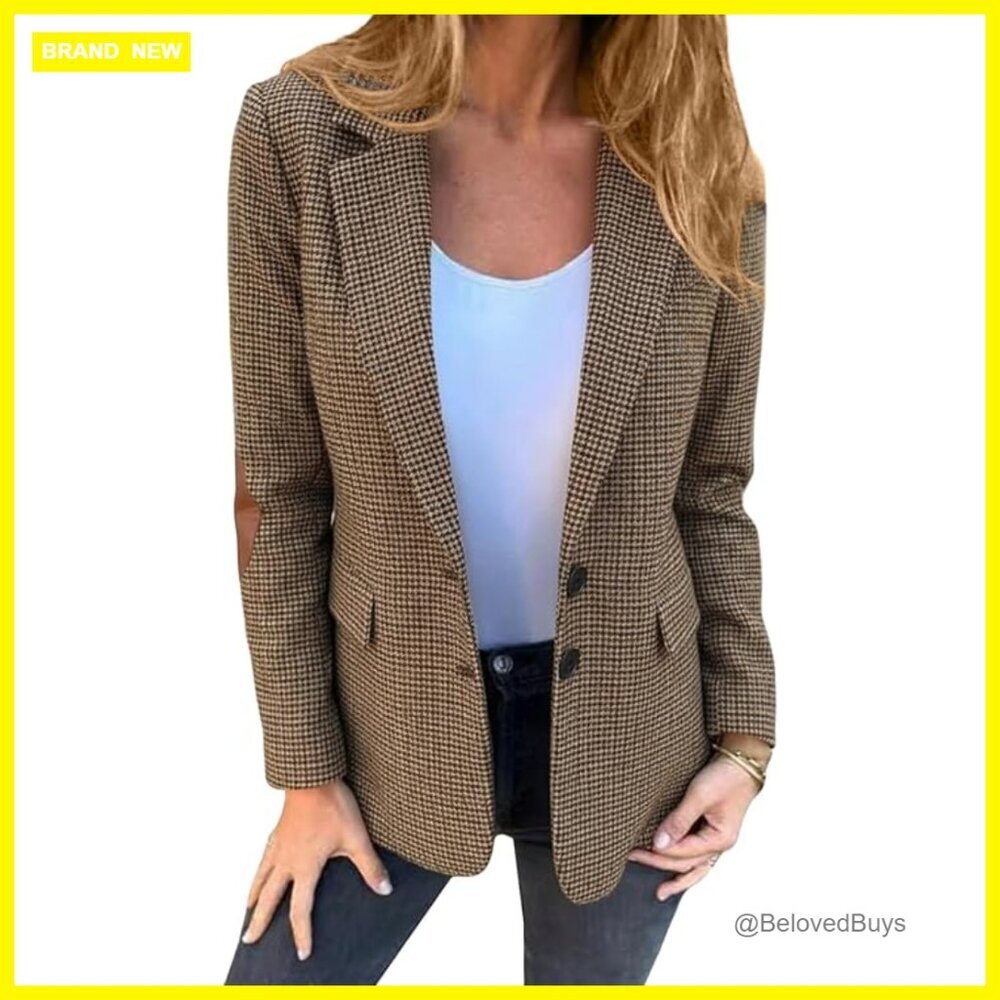 Tweed Blazer with Houndstooth Plaid Full Lining Pockets Business Casual
